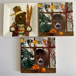 Appetizer Plates Fab Funky PPD Deer Bear Square Winter Outdoor Ceramic set of 3
